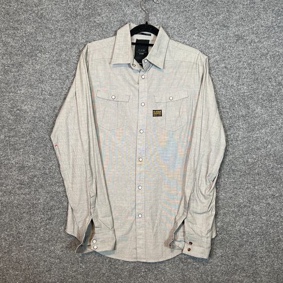 G Star Shirt Mens Medium Gray Chambray Pearl Snap Long Sleeve Raw Casual Flaw - Picture 1 of 12